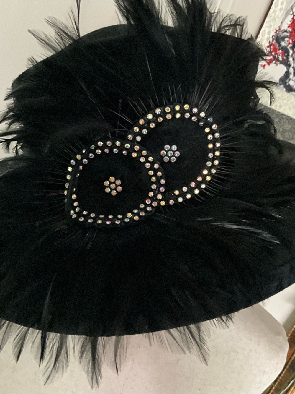 Black Feathered Cocktail Hat with Rhinestone Accents
